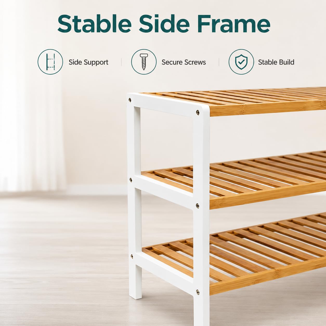 1ABOVE Bamboo Shoe Rack, Plant Rack, Perfect for Corridor, Living Room, Bathroom, Bedroom, Hallway or Small spaces-Parent. (White & Natural, 3 Tier)