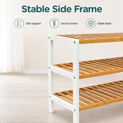 1ABOVE Bamboo Shoe Rack, Plant Rack, Perfect for Corridor, Living Room, Bathroom, Bedroom, Hallway or Small spaces-Parent. White & Natural, 3 Tier