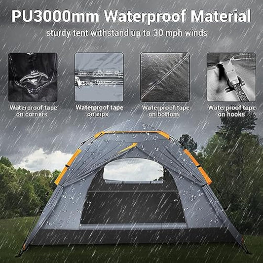 Cflity Camping Tent, 3 Man Pop Up Tent Automatic Instant Three Layer Waterproof 4 Season Large Dome Tent & Shelters with Extended Floor Mat Porch 2 Hall Poles Removable Rainfly