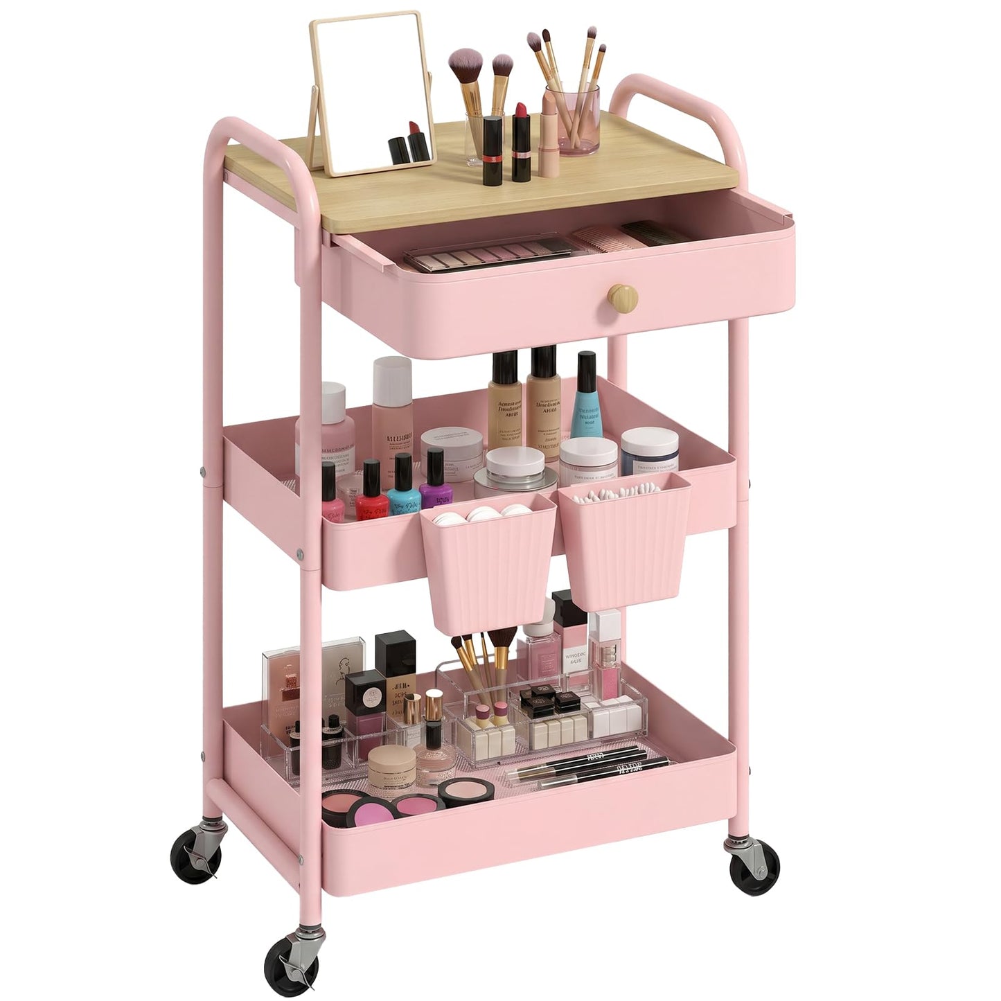 danpinera 3 Tier Rolling Cart, Metal Utility Cart with Wooden Table Top & Drawer, Rolling Carts, Storage Cart with Hanging Cups for Kitchen, Bathroom
