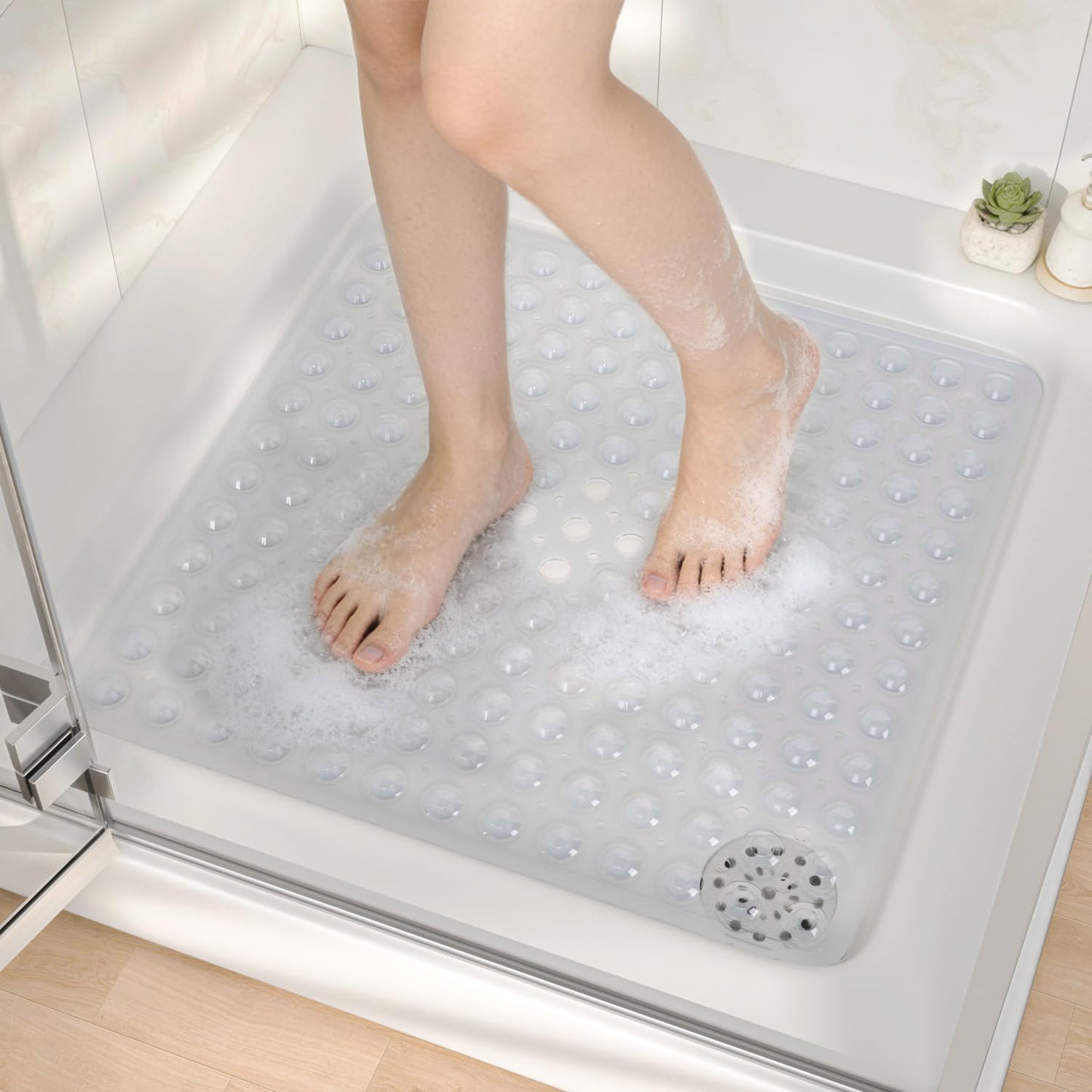 HITSLAM Square Shower Mat Non Slip Anti Mould, 53 x 53cm Bath Mat for Tub with Suction Cups and Drain Holes