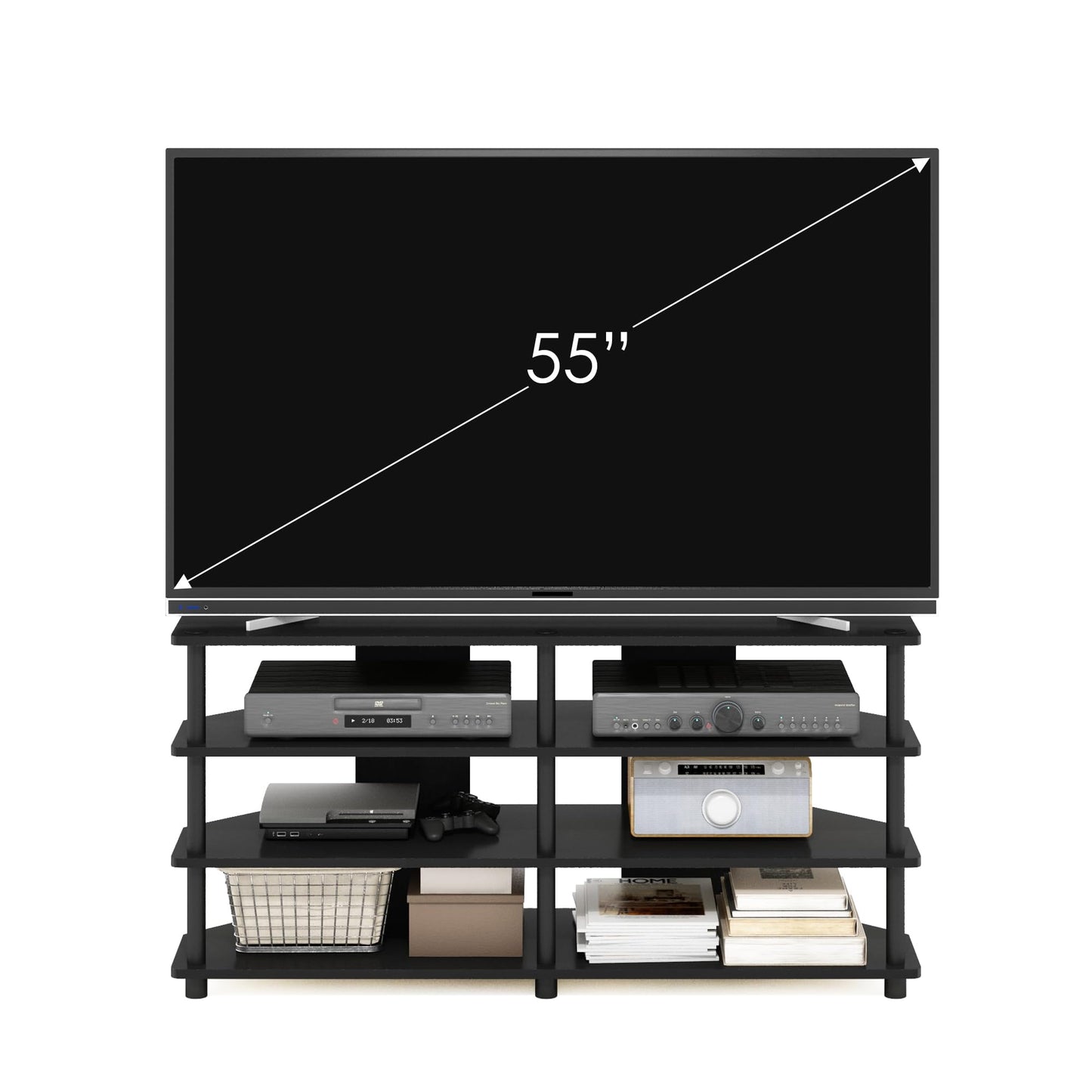 Furinno ECON TV Stand, 4-Tier Corner Entertainment Center, TV Console for TV up to 55 Inch, Easy Assembly, for Living Room, Bedroom, Blackwood