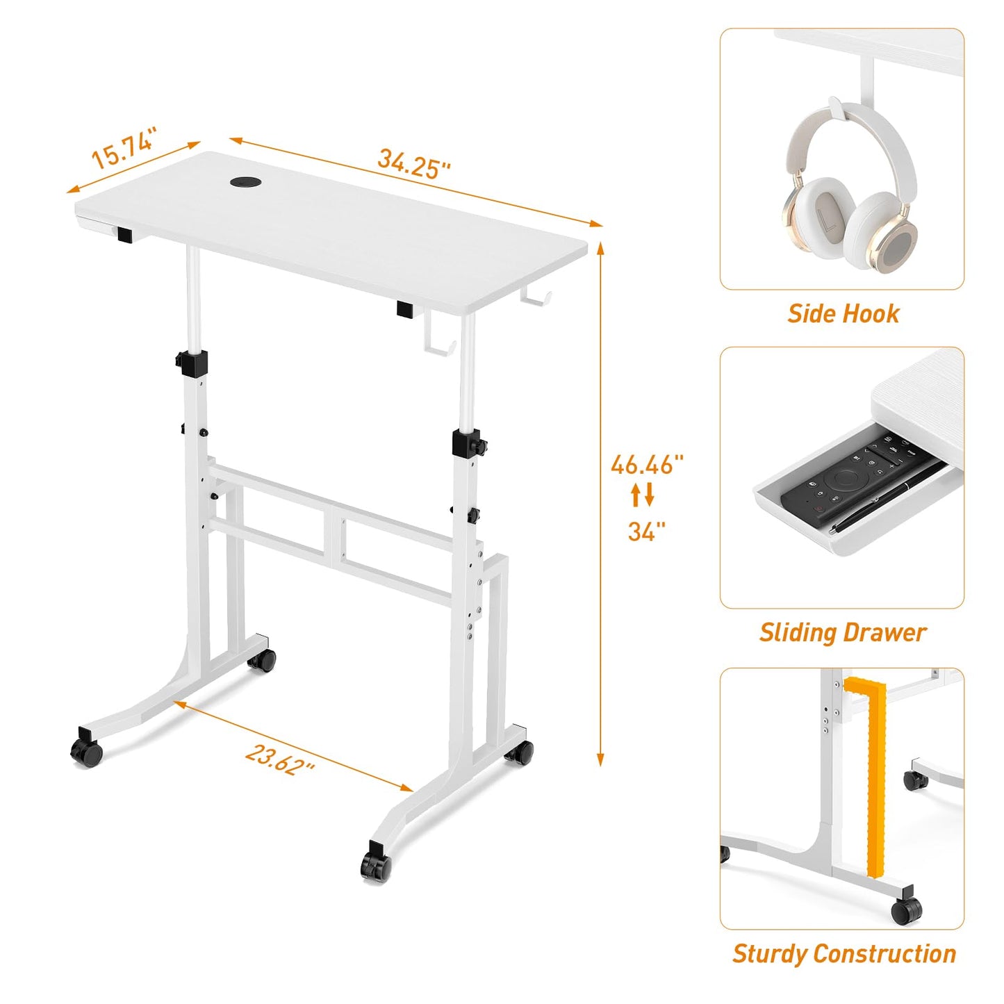 ikkle Standing Desk with Wheels, 34 Inch Height Adjustable Treadmill Training Table, Mobile Sit Stand Up Desk
