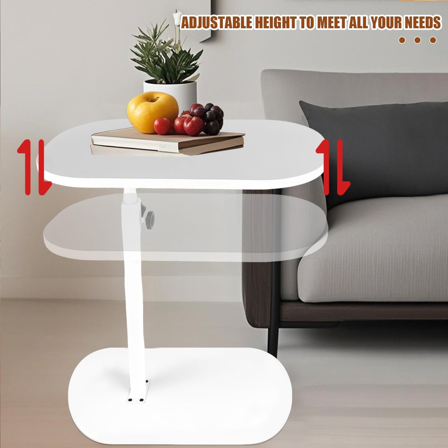 YASHIIN Adjustable C Shaped Side Table with 360 Degree Rotating Top, White Under Bed Table for Living Room, Sofa Bedside Table