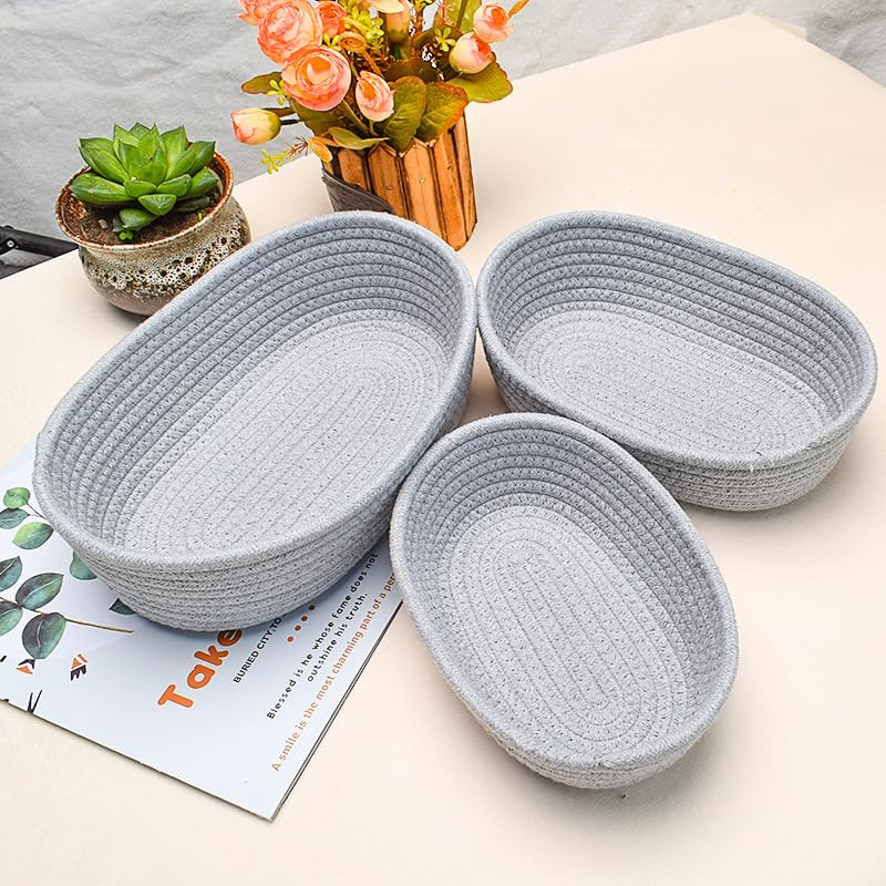 Cotton Rope Storage Baskets Set of 3 - Woven Storage Baskets for Organization, Available in White Grey Beige Gray