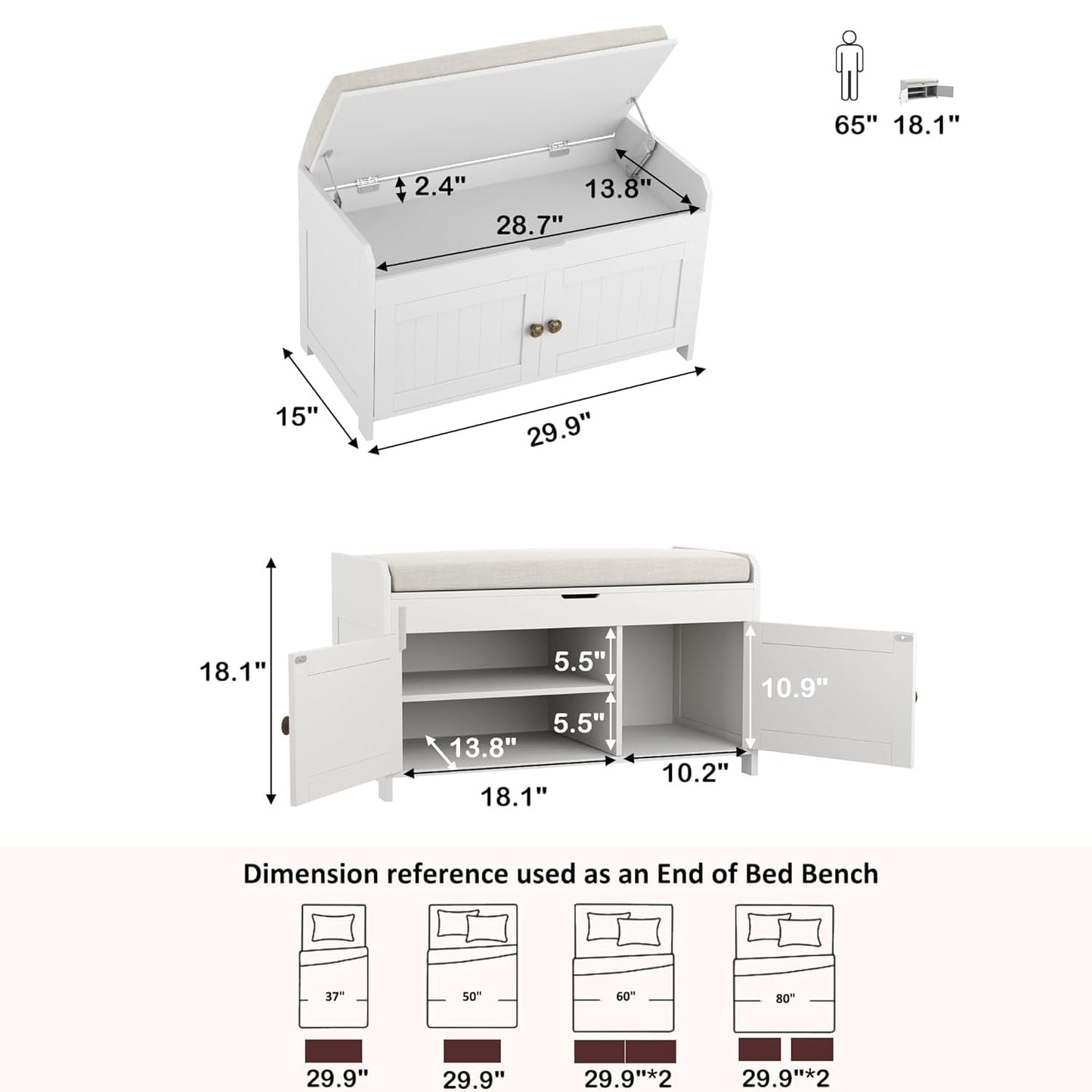 HOME BI Shoe Bench, Storage Bench with Padded Seat Cushion, Bench with 2-Door Storage Cabinets,Shoe Cabinet for for Entry, Bedroom, Cloakroom