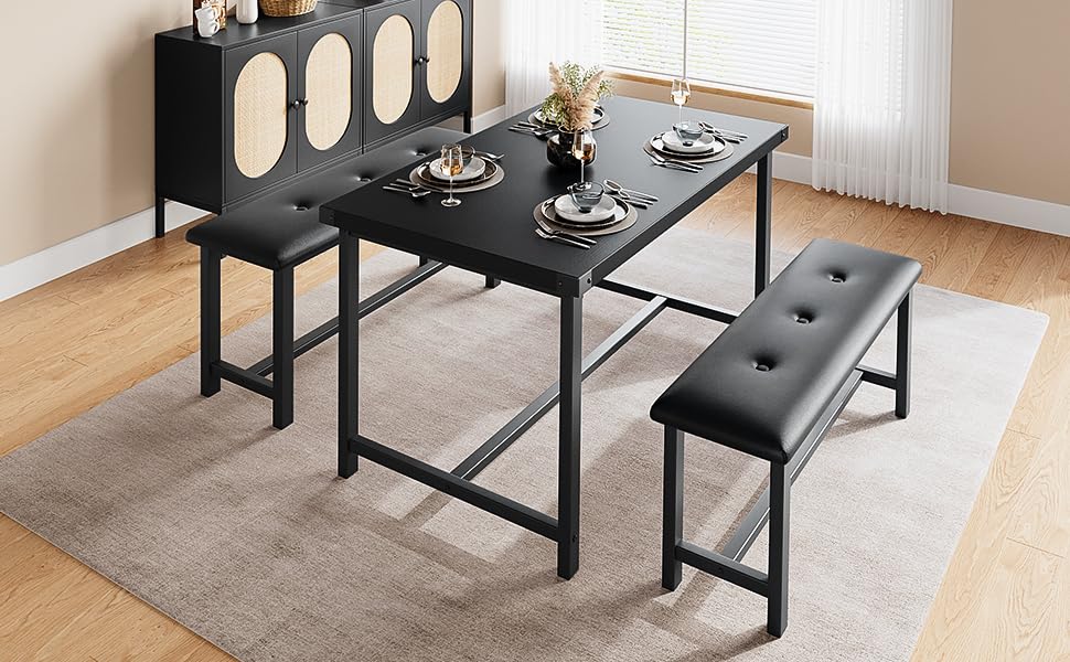 Crevyteg Dining Table Set for 4, Kitchen Table with Benches, Rectangular Dining Room Table Set with 2 Upholstered Benches