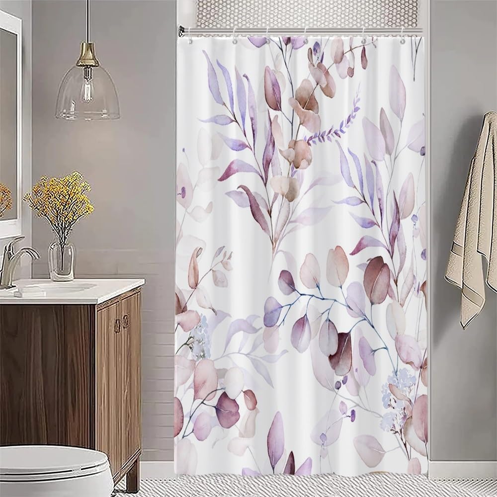 Uiiooazy Eucalyptus Shower Curtain, Pink Violet Leaves Floral Bath Curtain Mildew and Mould Resistant Waterproof Polyester Fabric Washable Opaque