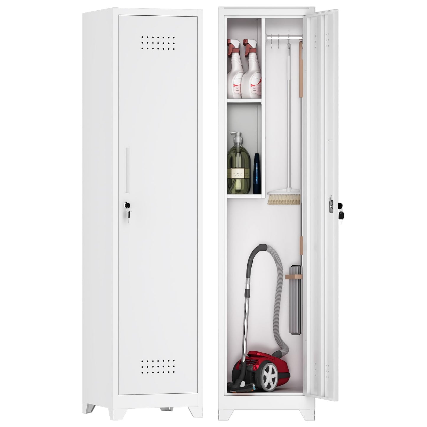 GREATMEET Broom Closet Storage Cabinet, Metal Utility Cabinet, Tall Laundry Room Cabinet, Slim Storage Cabinets for Laundry, Living Room, Office