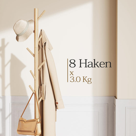 Pipishell Coat Rack, Wooden Coat Rack Stand with 3 Height Options and 8 Hooks, Sturdy Freestanding Coat Rack for Clothes/Bags/Hats, Coat Rack for