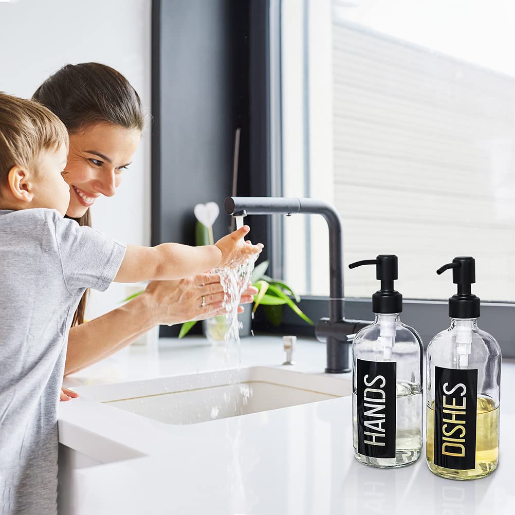 JASAI Classy Black Dish and Hand Soap Dispenser Set of 2 18OZ Glass Dish and Hand Soap Dispenser for Kitchen and Bathroom