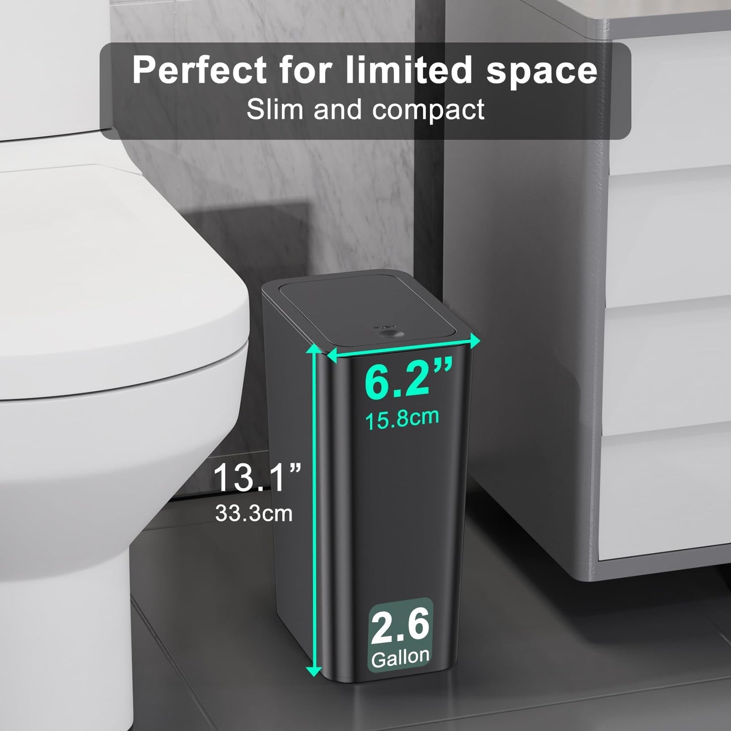 2Pack Bathroom Bin with Lid, Push Button, Plastic Bedroom Bin, Dog Proof, Trash Can for Office Living Room Kitchen Toilet, 10 Liter Capacity, Grey