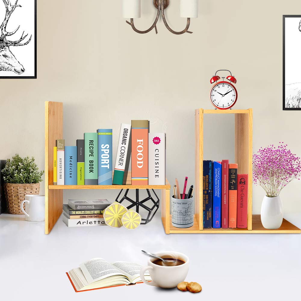 Bamboo Desk Storage Organizer, Desktop Display Shelf Rack, Multipurpose Bookshelf for Office & Home, Expandable Desktop Stand Bookshelf