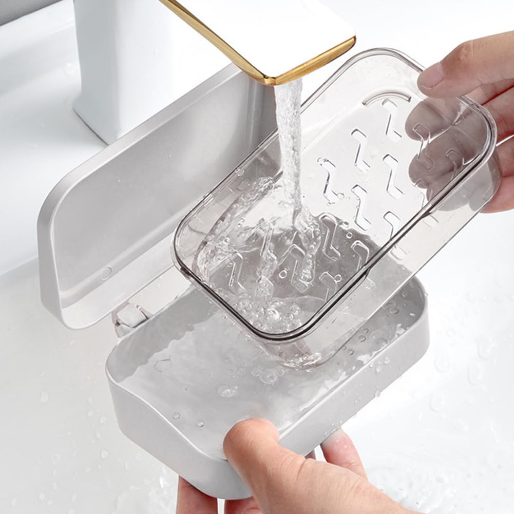 Soap Case Holder, 2 Layers Soap Dish Tray with Removable Drainer and Lid, Portable Rectangular Soap Dish Container for Bathroom Shower Gym Laundry