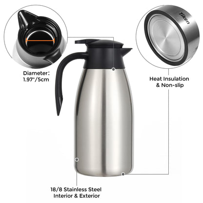 Tiken 2.5L Thermal Coffee Carafe Jug, Stainless Steel Insulated Vacuum Coffee Pot Flask for Tea Hot and Cold Drinks