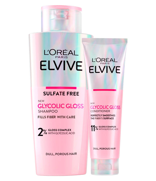 L'Or?al Paris Elvive Glycolic Gloss 200ml Shampoo + 150ml Conditioner with Glycolic Acid for Porous and Dull Hair - 2 Bottles