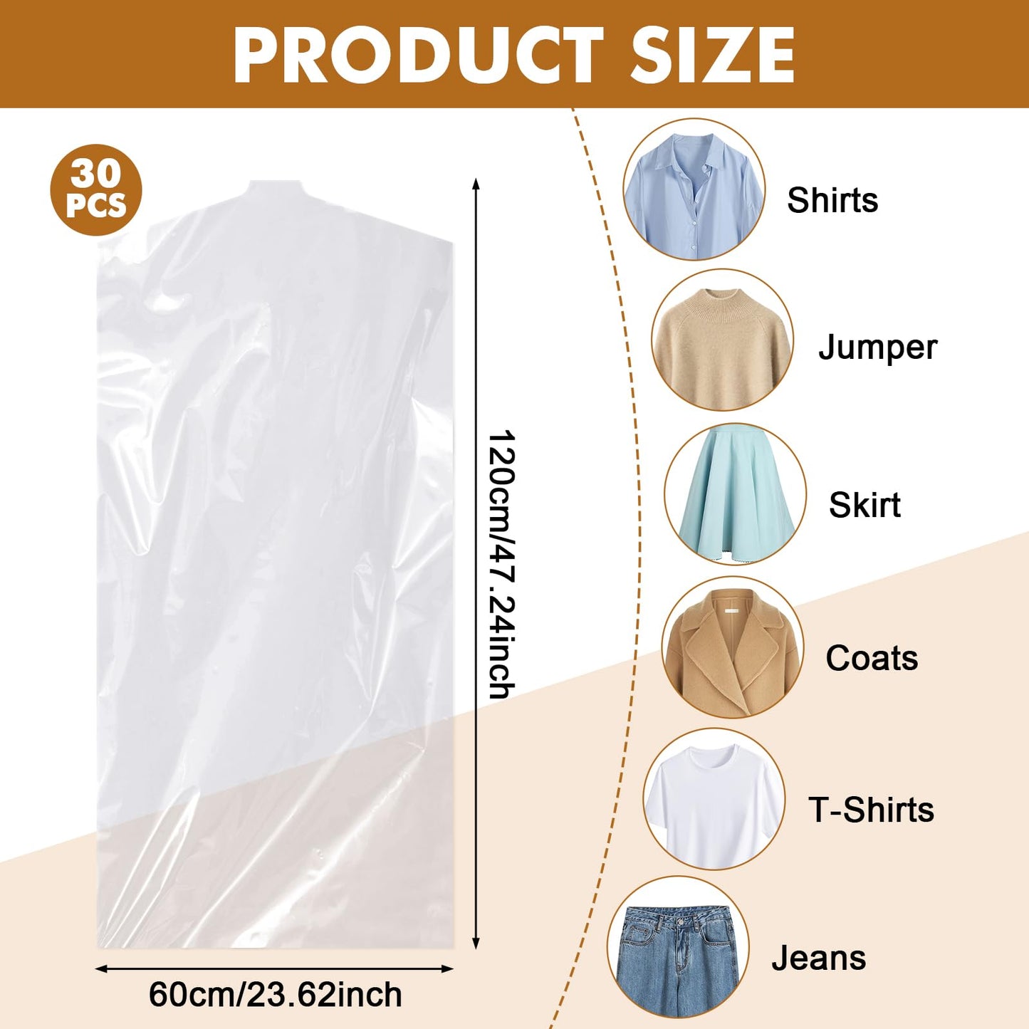 Hejo 30 Pack Plastic Clothes Covers, 60x120cm Clear Clothes Bags Hanging