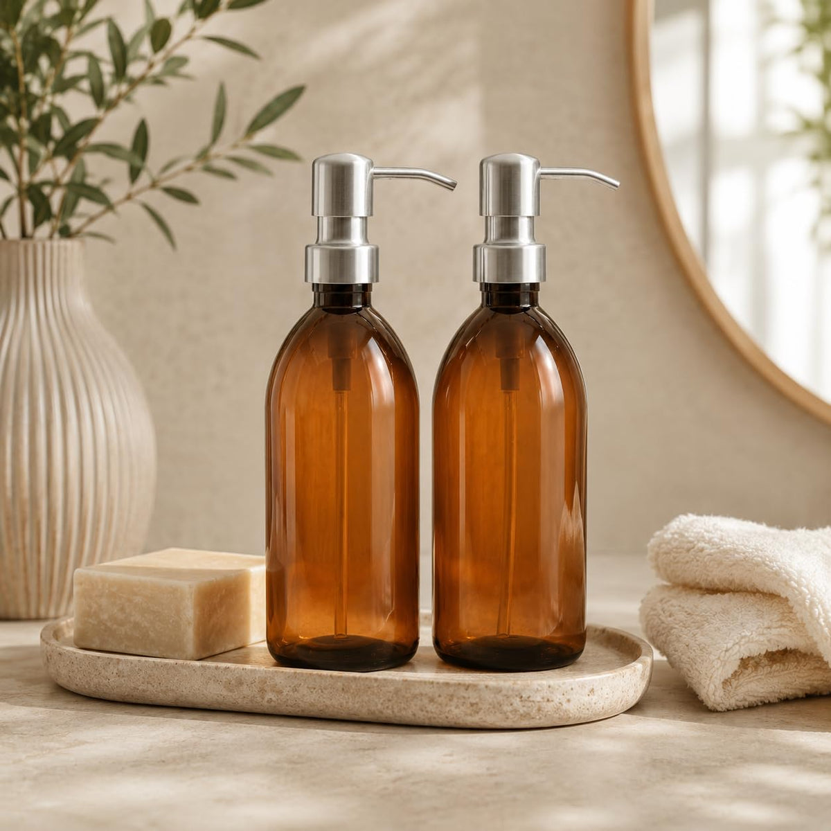 AVALON Brown Amber Plastic Bottles - Brushed Steel Metal Pump 500ml - Pack of 2 - Refillable Plastic Soap Dispenser Bottle for Bathroom/Kitchen