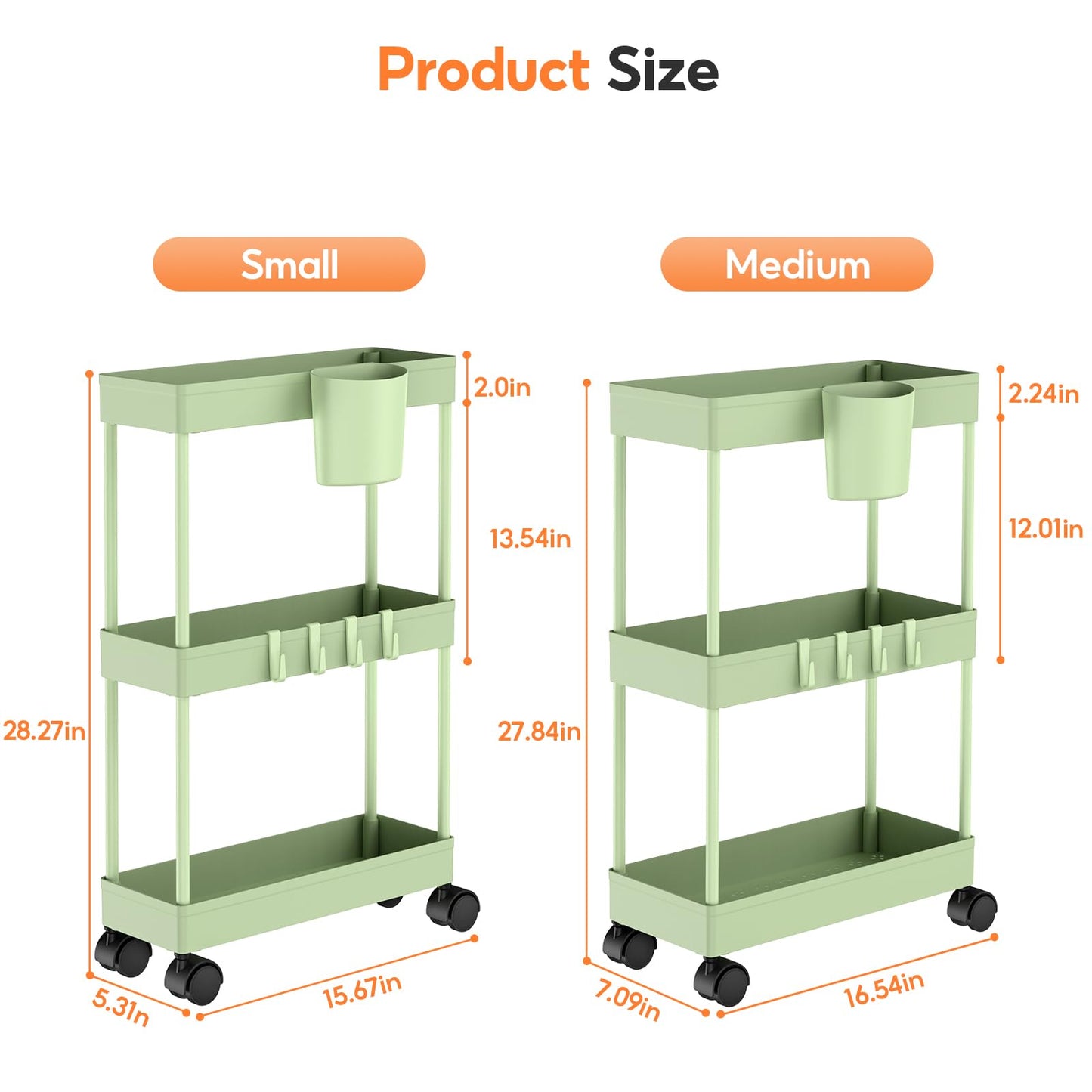 Shrivee 2 Extra Narrow Kitchen Trolley on Wheels 3 Levels Mobile Lightweight Carts Organizer for Toys (Green)