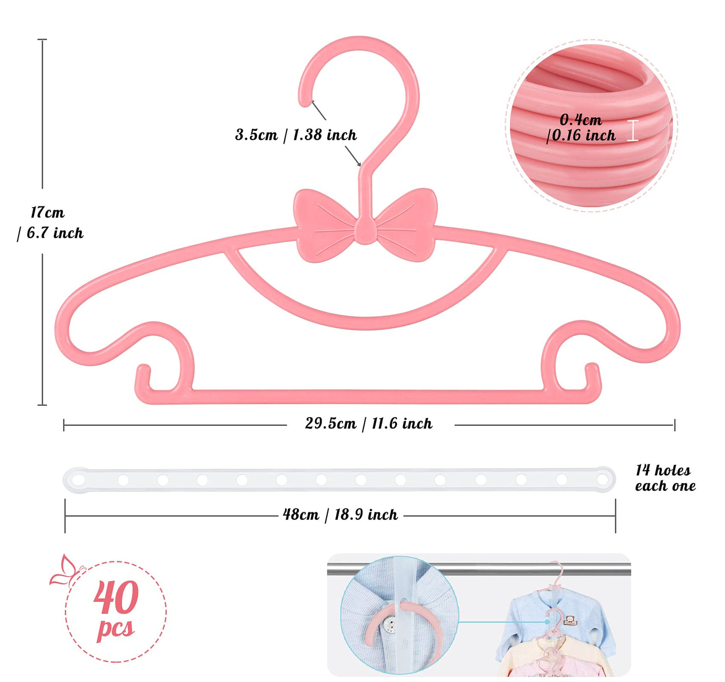 Homewit 40 Pack Baby Coat Hangers with Bows Pink, Non-Slip