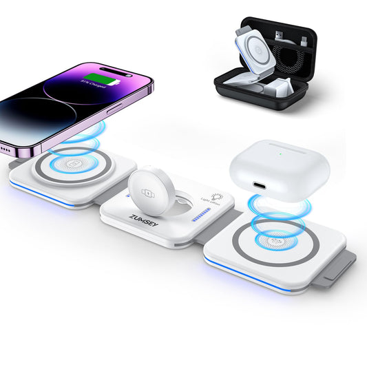ZUMSEY 3 in 1 Wireless Charging Station for Apple, Foldable Wireless Charger for iPhone 17 Pro Max/16/15/14/13/12, Travel Charger for Apple Watch