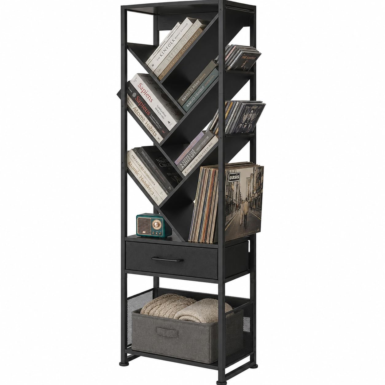 ruboka Tree Bookshelf with Side Table, Tall Bookcase with Storage Cabinet, Floor Standing Modern Narrow Bookshelves Organizer for Bedroom/Living