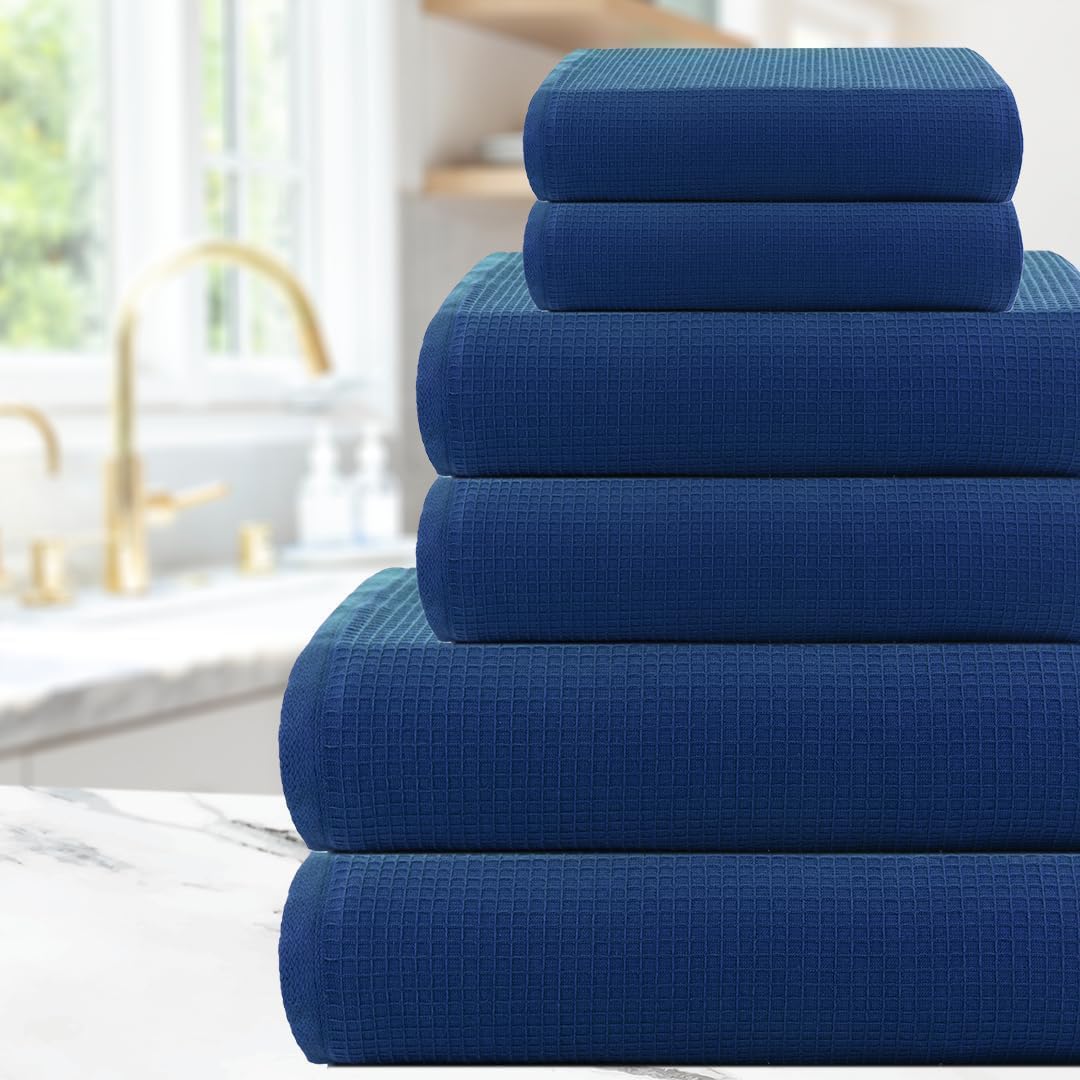 CASA COPENHAGEN Waffle Terry 6-piece Set, Cotton, Extra Large, Luxurious, Navy Blue, 2 Bath Towels XL, 70x140 cm, 2 Large Hand Towels, 50x80 cm