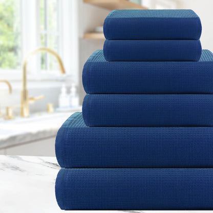 CASA COPENHAGEN Waffle Terry 6-piece Set, Cotton, Extra Large, Luxurious, Navy Blue, 2 Bath Towels XL, 70x140 cm, 2 Large Hand Towels, 50x80 cm