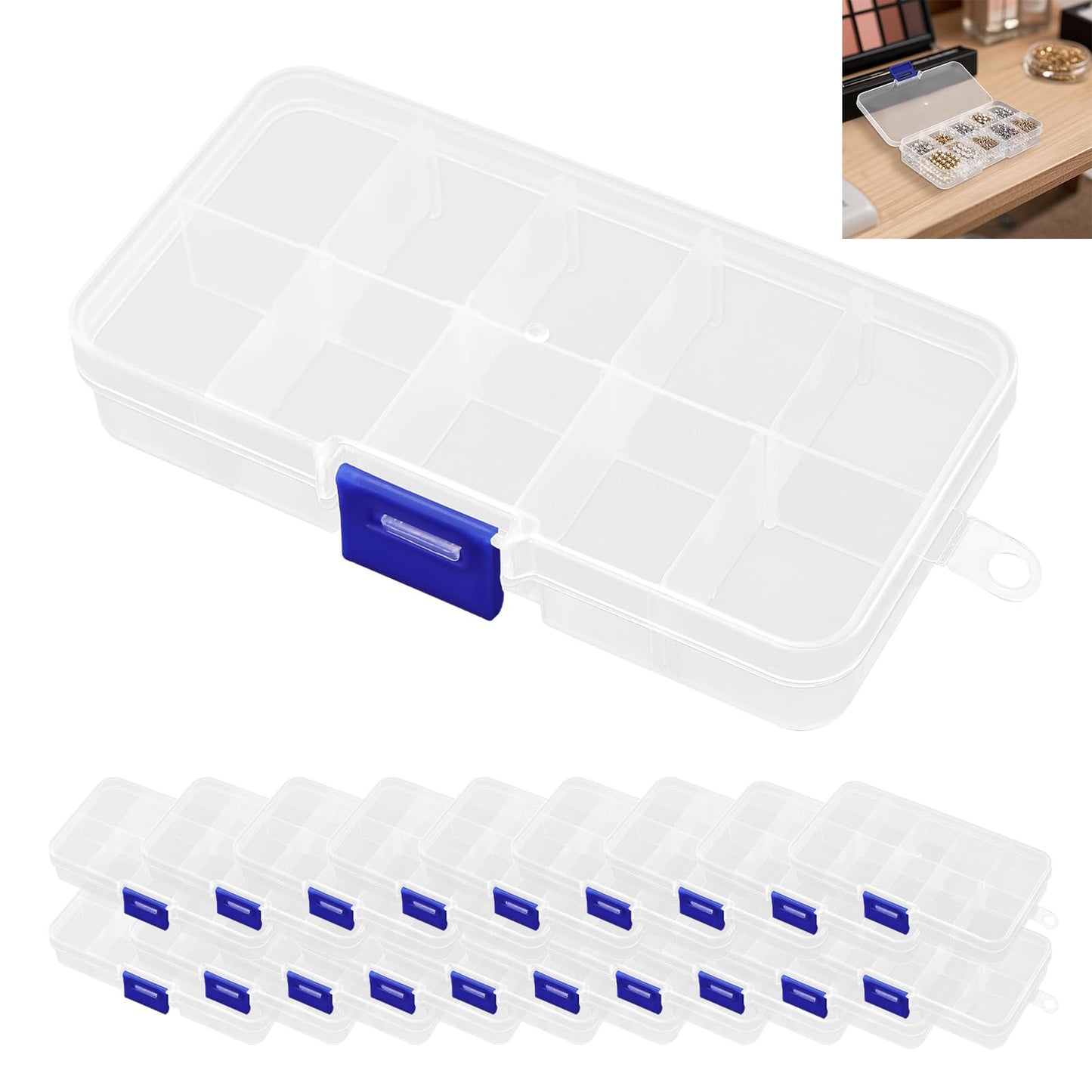 SOUJAP 20 PCS 10 Grids Bead Storage Box with Compartments, Plastic Clear Craft Organiser Container for Small Items Beads Bolts Bolts Snack Box