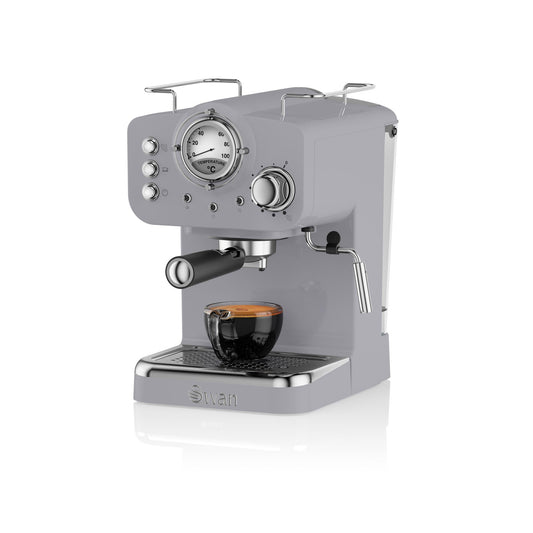 Swan SK22110GRN Retro Espresso Plastic Coffee Machine with Milk Frother, Steam Pressure Control, 1.2L Detachable Water Tank, 1100W, Retro Grey