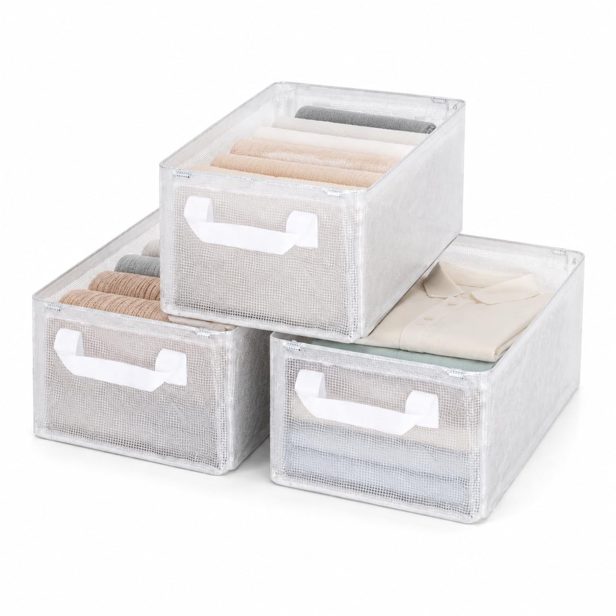 Goesort 3 Pack Storage Box with Steel Frame Support, Foldable Wardrobe Baskets with Handles, Clear Storage Baskets for Clothes, Toys, Towels, Office