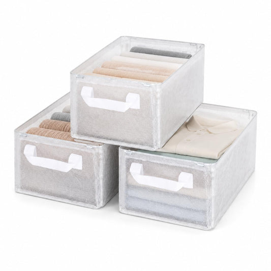 Goesort 3 Pack Storage Box with Steel Frame Support, Foldable Wardrobe Baskets with Handles, Clear Storage Baskets for Clothes, Toys, Towels, Office