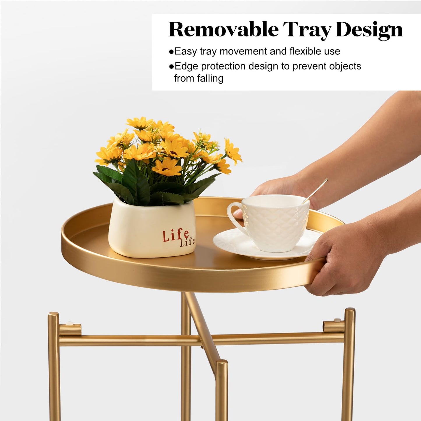 danpinera 2-Tier Gold Side Table, Round End Table, Small Gold Table with Removable Tray, Metal Folding Accent Living Room