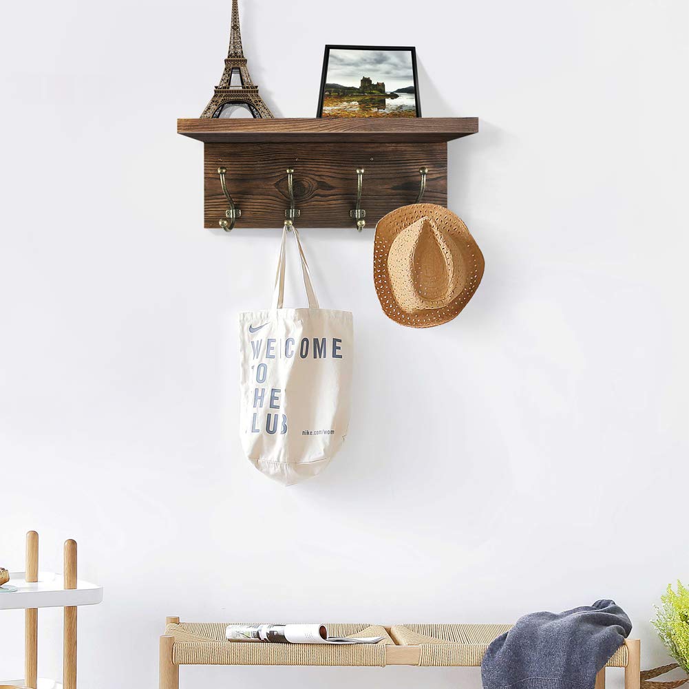 Kolymax Rustic Coat Rack Wall Mounted, Brown Solid Wood Entryway Shelf with Hooks Perfect Touch for Your Mudroom, Kitchen, Bathroom and More