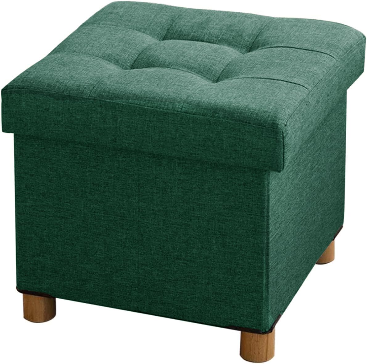 BRIAN & DANY Folding Storage Ottoman with Wood Legs, Linen Foot Stool, Storage Chest with Highly Elastic Sponge Filling, Dark Green, 38 x 38 x 38 cm