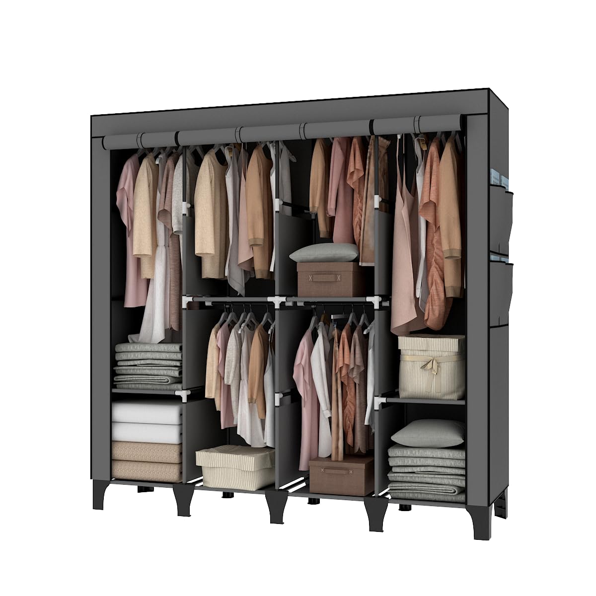 OPPAIYA Extra Large Canvas Wardrobe with 6 Hanging Rails, Portable Fabric Bedroom Wardrobes with 8 Shelves & 8 Side Pockets