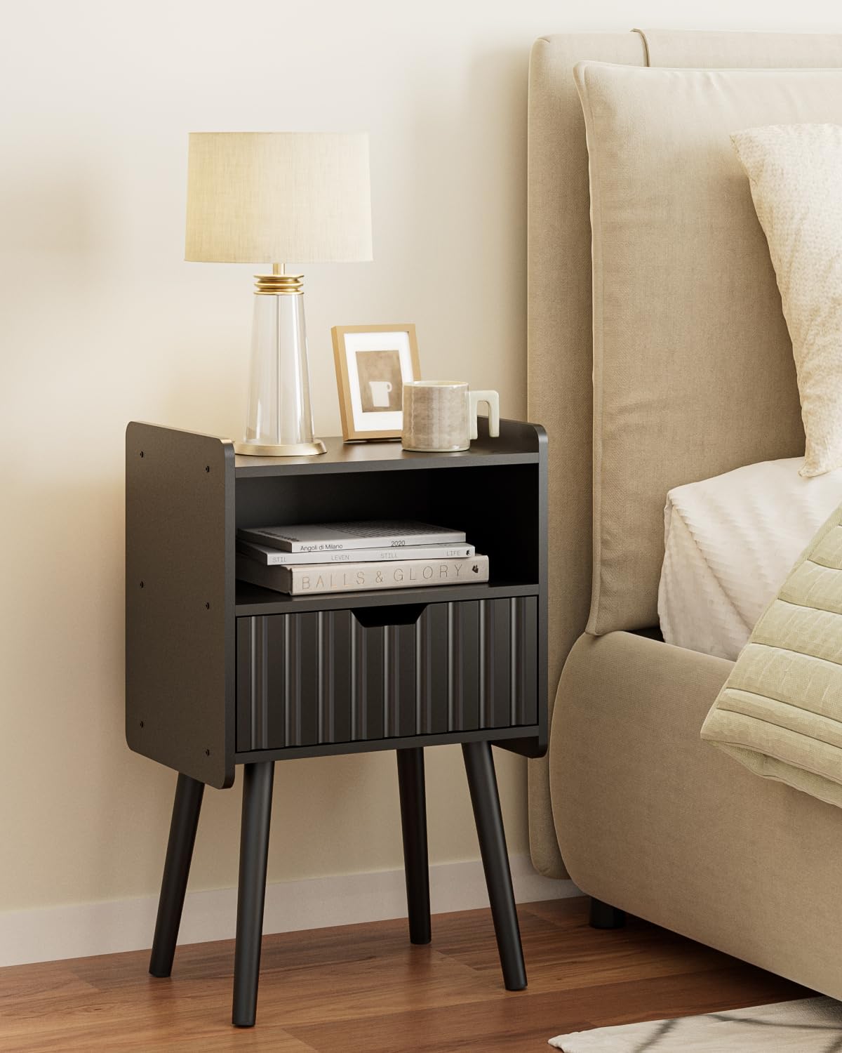 HEYZOEY Fluted Bedside Table, Black Bedside Table,Night Stand Wood Nightstand with Storage Drawer Side End Table for Bedroom,Living