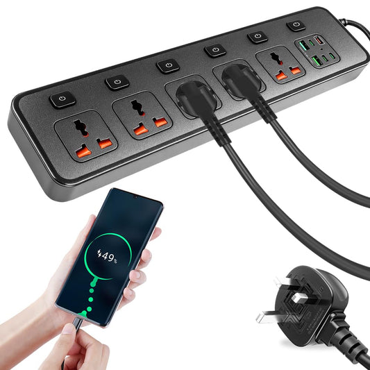 Extension Lead with 6 USB Slots, 6 Way Surge Protected Extension Lead with Individual Switches and Indicator Lights, Extension Cable 2M, 13 Amp 6 Gang