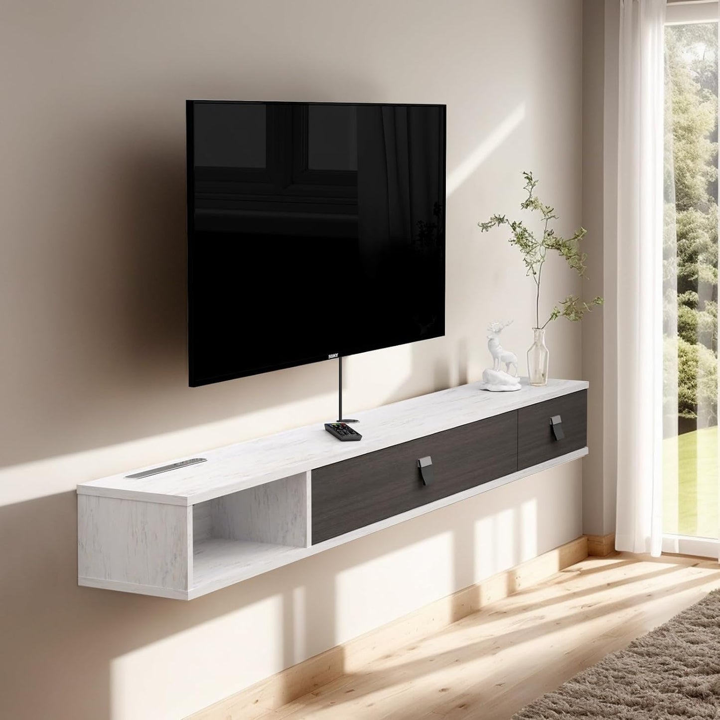 Pmnianhua Floating TV Unit, 47'' Wall Mounted TV Cabinet, Floating Shelves with 2 Doors