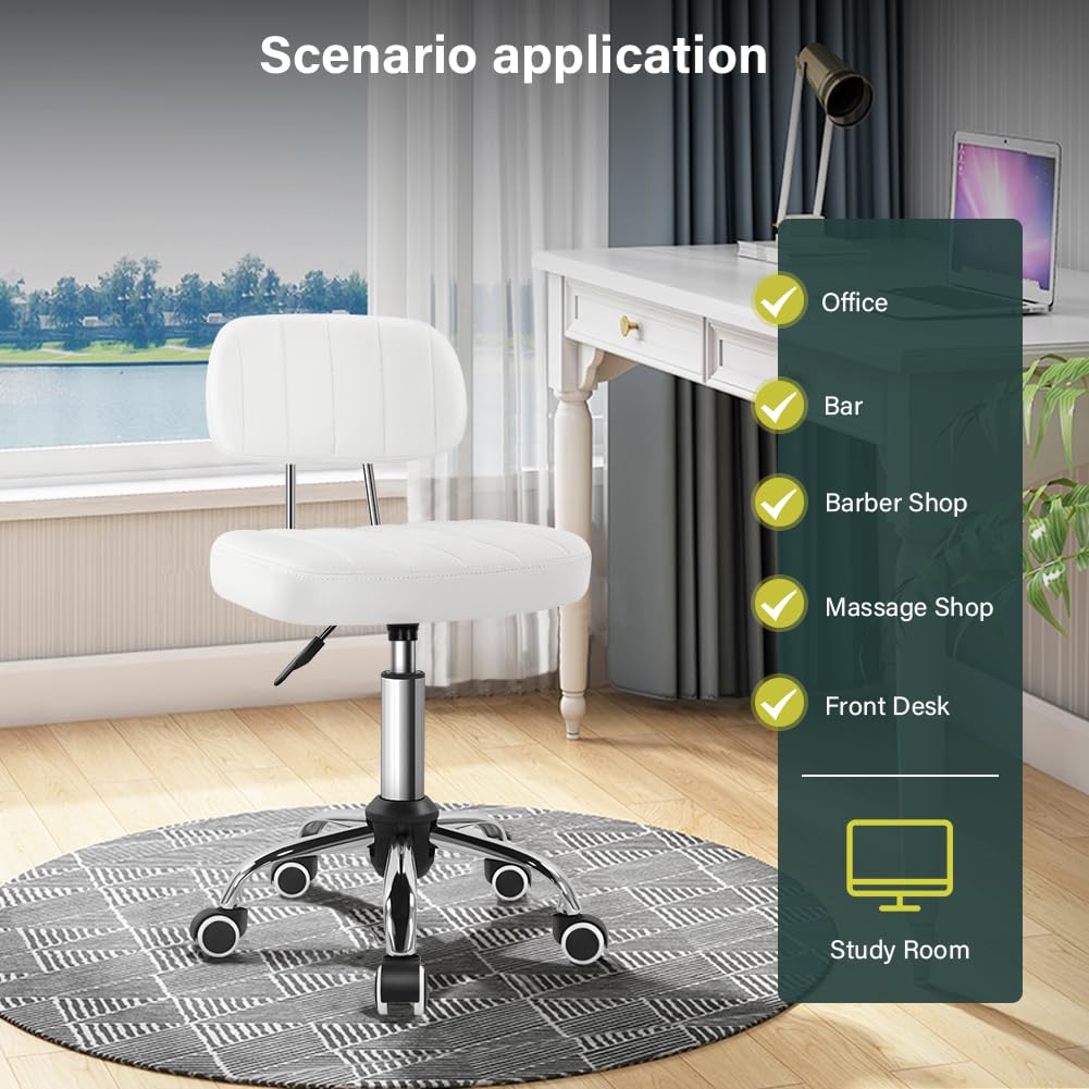 BFTOU Square Swivel Stool on Wheels Perfect for Work SPA Shop Massage Height-Adjustable and Cost-Effective Rolling Stool Chair with Back White