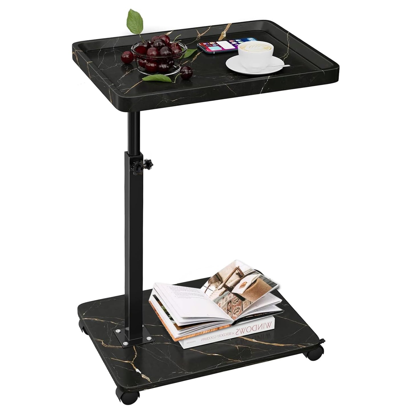 YYW Adjustable C Shaped Side Table with Wheels, 360° Swivel Sofa Table