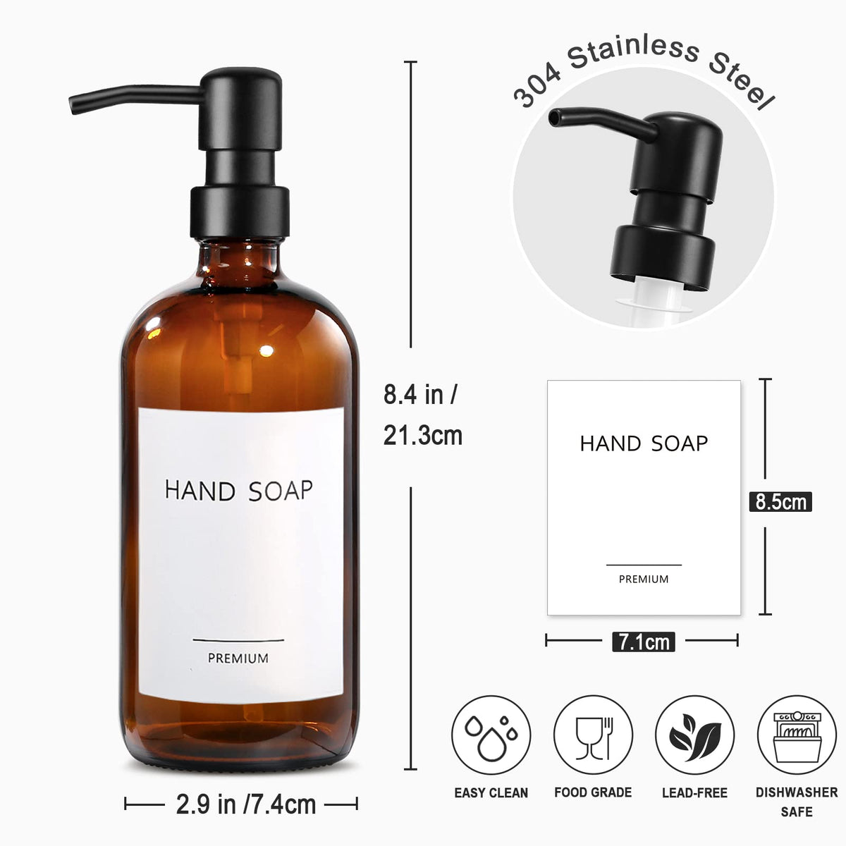 Soap Dispenser with Stainless Steel Pump,500ml Brown Glass Soap Dispensers, Hand and Dish Soap Dispenser for Kitchen & Bathroom