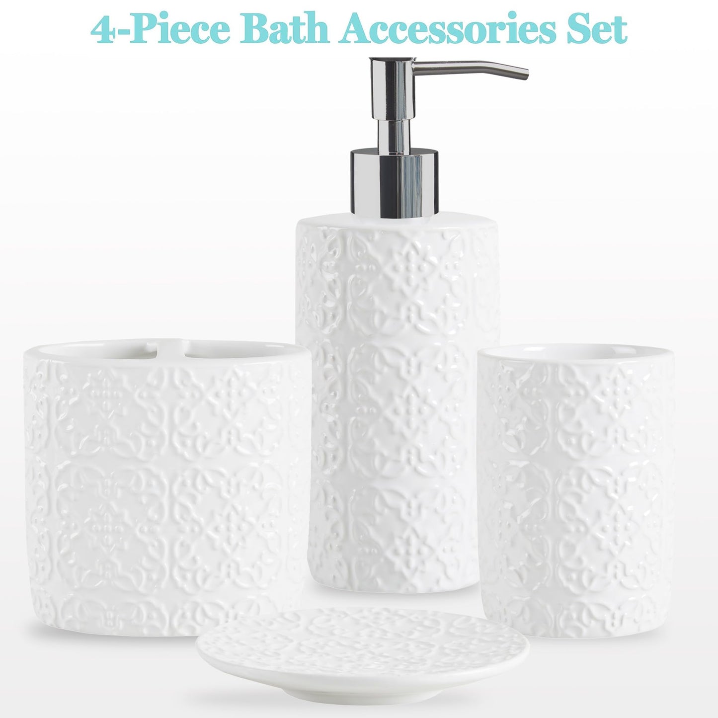 Martha Stewart Ceramic Bathroom Accessories Set, Vanity Decor Storage Organizer, Embossed Damask Medallion, Lotion/Soap Dispenser, Toothbrush Holder