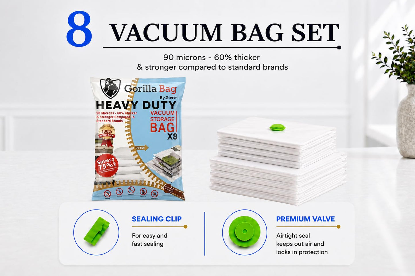 HEAVY DUTY 8 VACUUM STORAGE BAGS by Gorilla Bags. 4 Large (100x80cm), 4 Medium (60x80cm). Double Zip Seal & Unique Turbo Valve Keeps Items Compressed