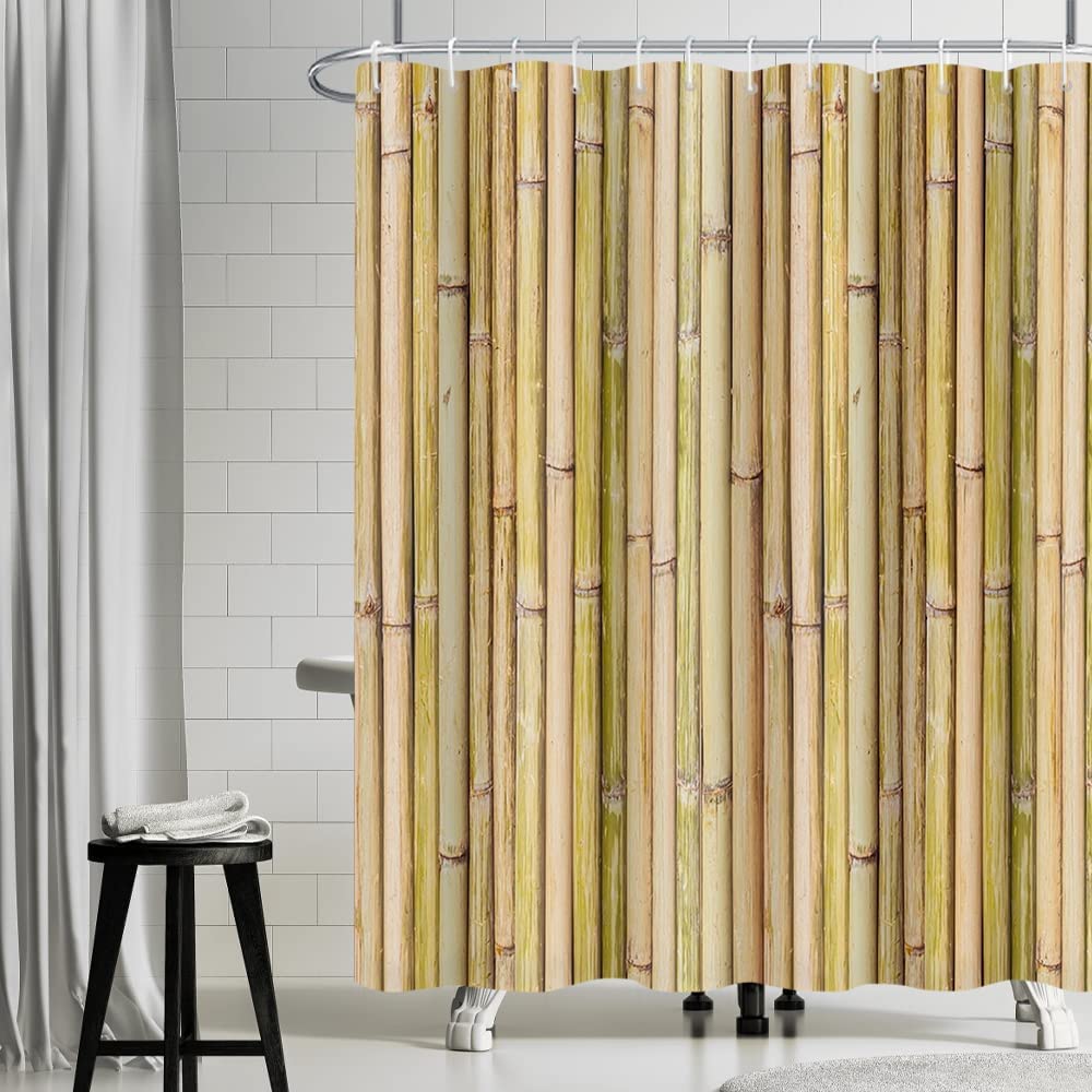 Uiiooazy Bamboo Shower Curtain, Zen Yellow Bamboo Stems Oriental Theme Bath Curtain Mildew and Mould Resistant Waterproof Polyester Fabric Washable