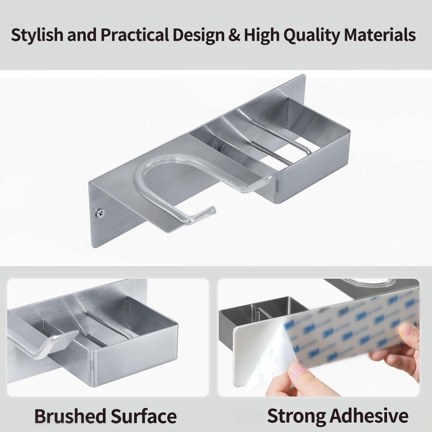 BANJEKT Hair Dryer and Straightener Holder, Stainless Steel Hair Dryer Holder Wall Mounted Drilling/Adhesive, Hair Dryer Holder for Bathroom