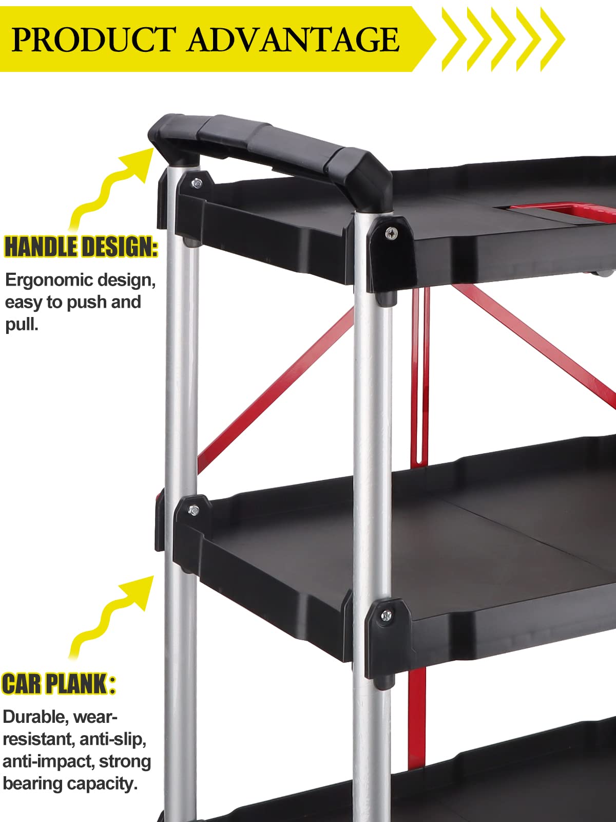 EBANKU 3-Tier Service Carts with Wheels, Foldable Rolling Cart with Locking Wheels Heavy Duty Kitchen Storage Shelves Garage Shelving Unit for