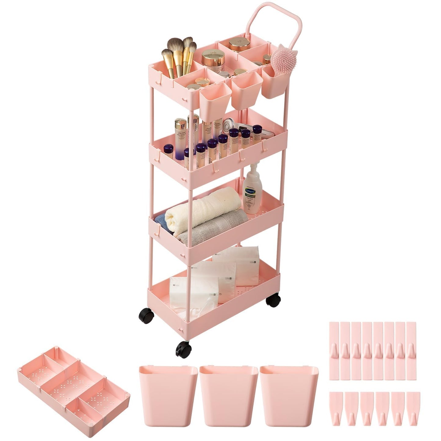 danpinera 4-Tier storage trolley, storage trolley on wheels, beauty trolley with Dividers & Hooks & Hanging Cups, kitchen trolley