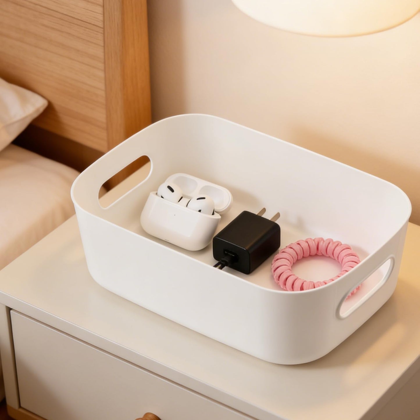 YUENPUN 10 PCS White Plastic Storage Organiser, Small White Storage Box Handle, Plastic Studio Storage Basket Bins for Kitchen, Bathroom