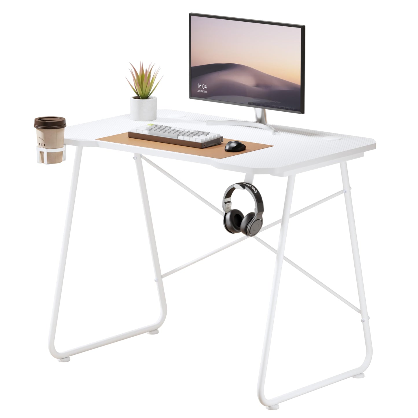Properav Computer Study Desk White for Home Office PC Monitor Laptop Gaming with Headphone Hook & Cup Holder